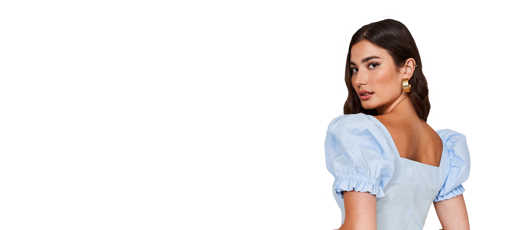 female model wearing light blue BCI cotton dress