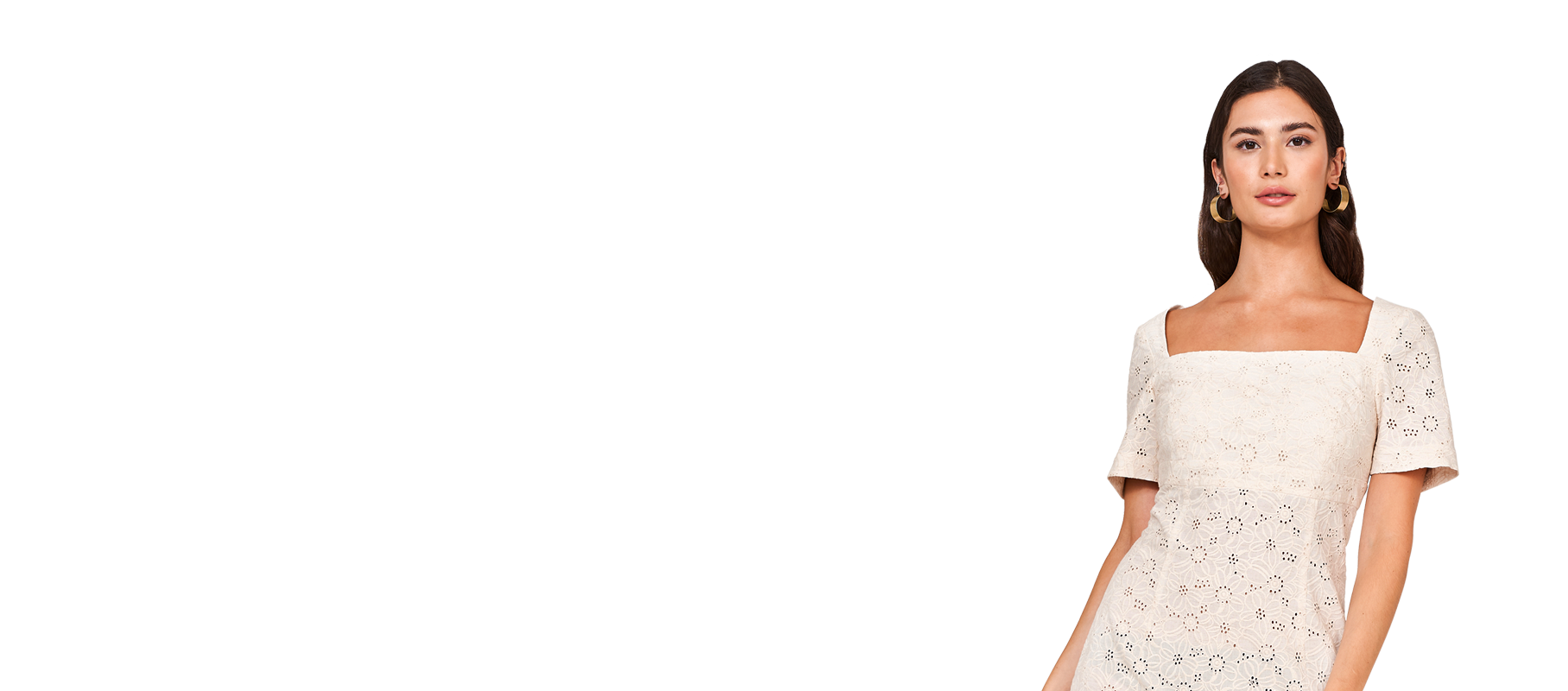Female model wearing cream linen dress