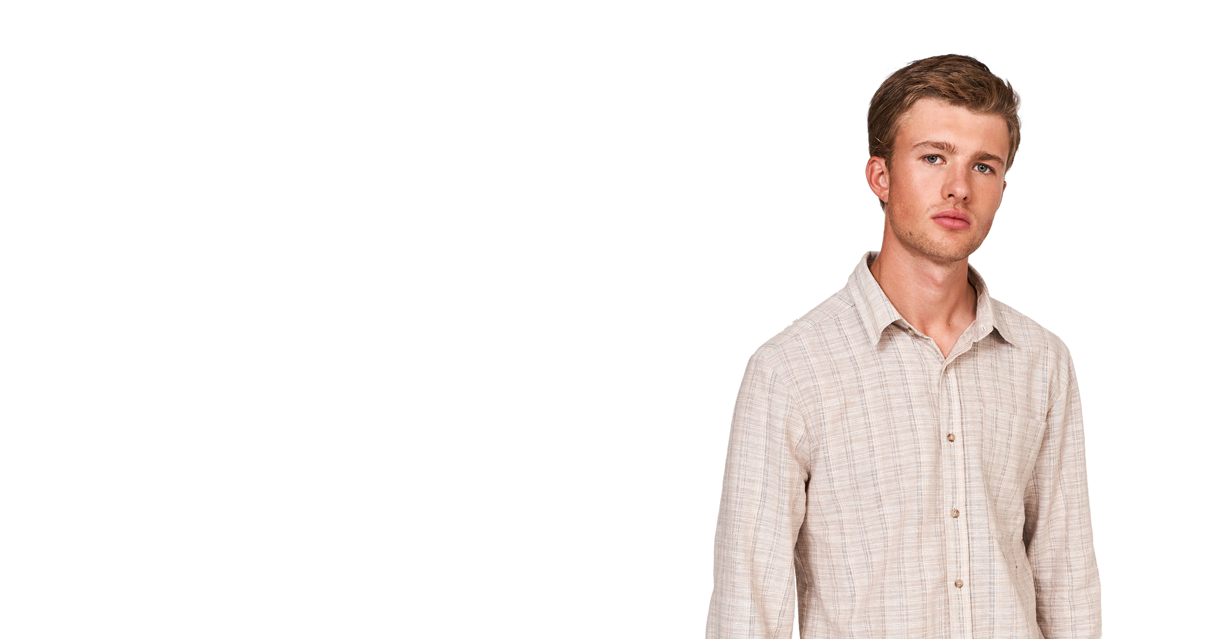 male model wearing beige tencel shirt